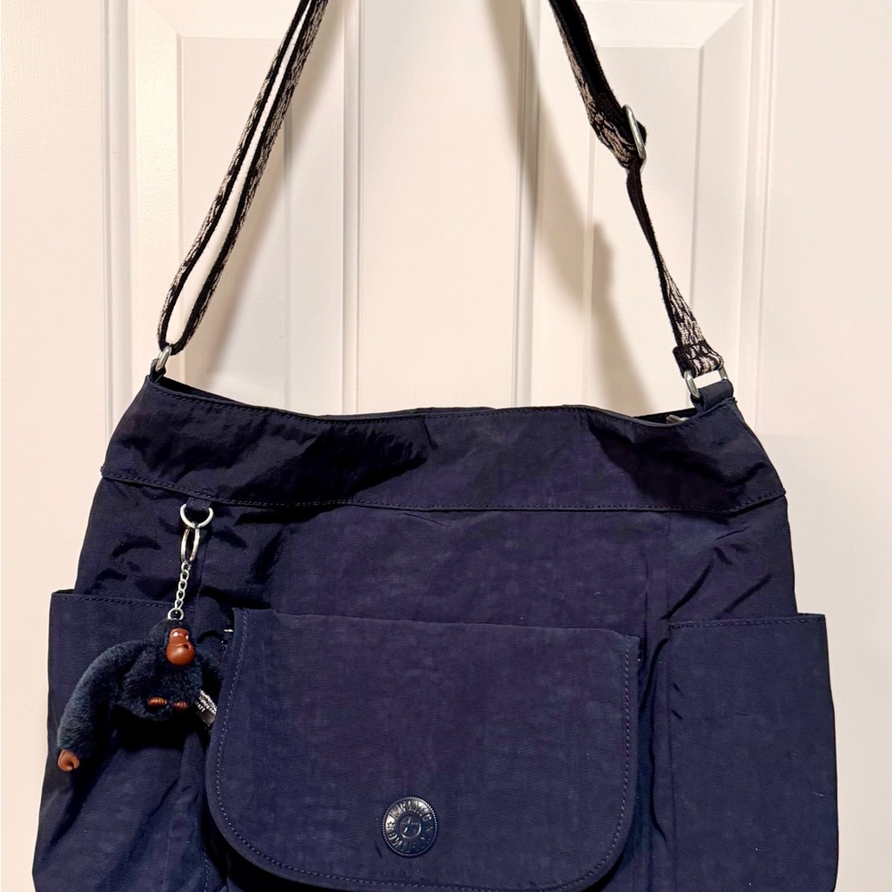 Kipling Navy Nylon Shoulder Bag w/ Monkey Keychain | NWOT| Rare Strap Design